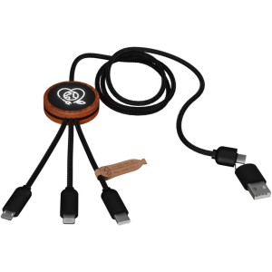 SCX.design C37 3-in-1 rPET light-up logo charging cable with round wooden casing, Wood (Eletronics cables, adapters)