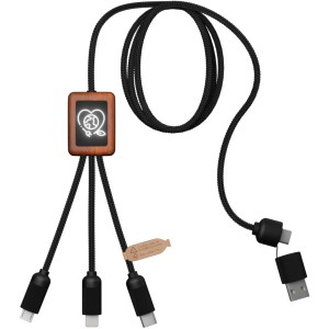 SCX.design C38 3-in-1 rPET light-up logo charging cable with squared wooden casing, Solid black, Woo (Eletronics cables, adapters)