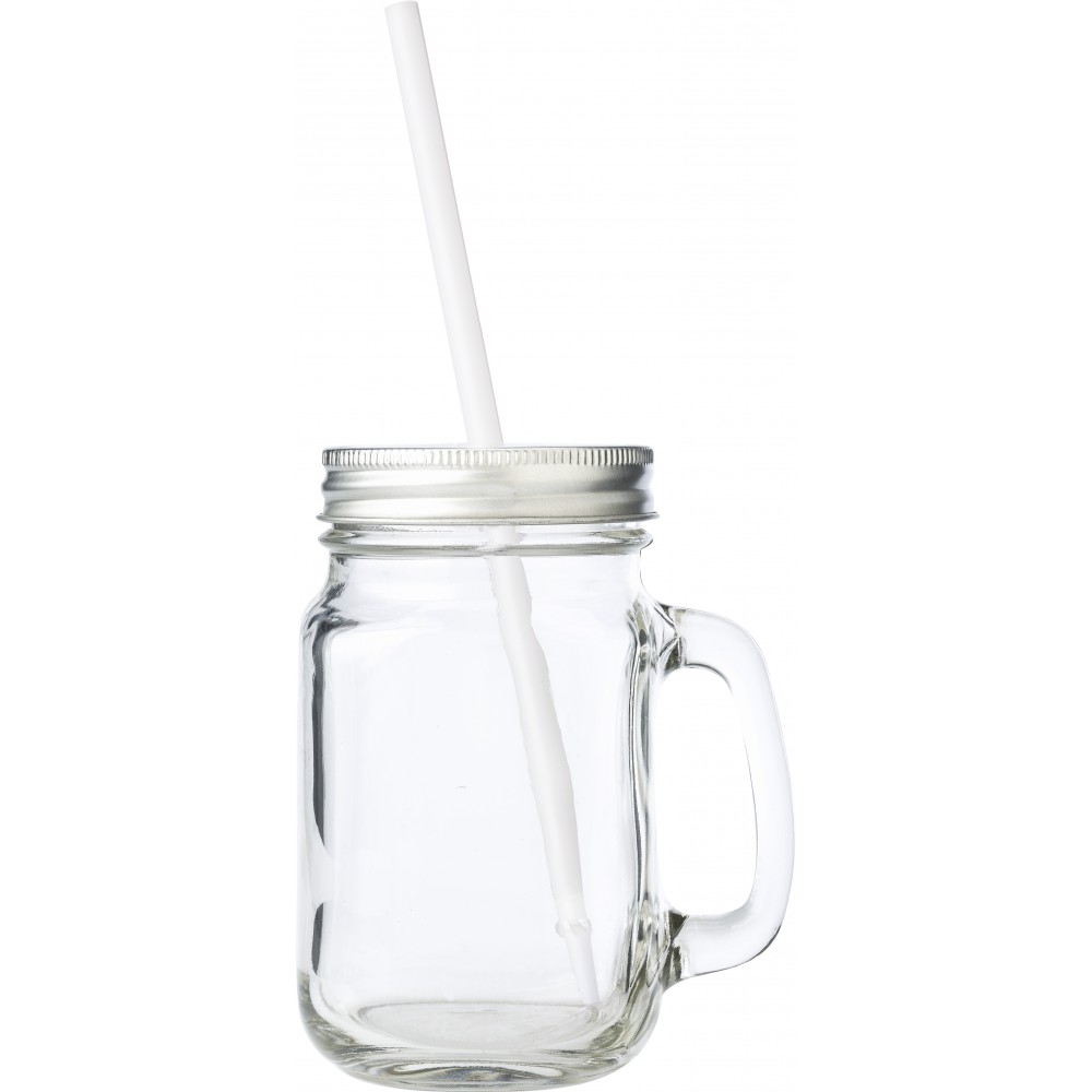 Printed Glass mason drinking jar with handle (480ml), neutral (Mugs)
