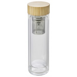 Bamboo and glass double walled bottle Vicente, brown (Water bottles)