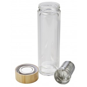 Bamboo and glass double walled bottle Vicente, brown (Water bottles)