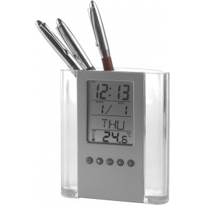 ABS pen holder with clock Carter, black/silver (Office desk equipment)