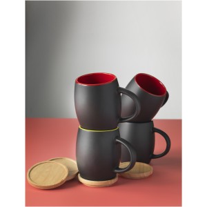 Hearth 400 ml ceramic mug with wooden lid/coaster, solid black,White (Mugs)