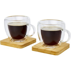 Manti 2-piece 100 ml double-wall glass cup with bamboo coaster, Transparent, Natural (Mugs)