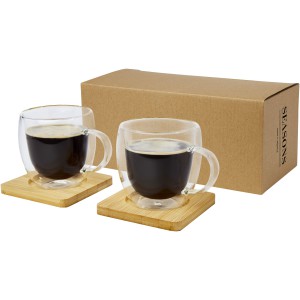 Manti 2-piece 250 ml double-wall glass cup with bamboo coaster, Transparent, Natural (Mugs)