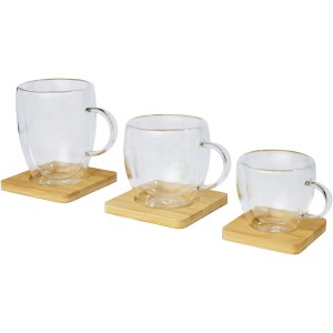 Manti 2-piece 350 ml double-wall glass cup with bamboo coaster, Transparent, Natural (Mugs)