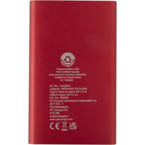 Pep 4000 mAh Type-C recycled aluminium power bank, Red (Powerbanks)