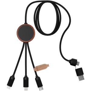 SCX.design C37 3-in-1 rPET light-up logo charging cable with round wooden casing, Wood (Eletronics cables, adapters)