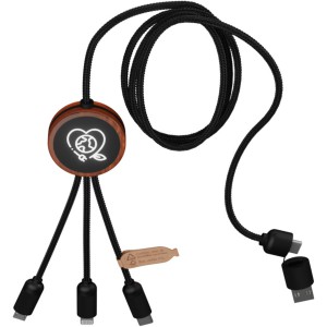 SCX.design C37 3-in-1 rPET light-up logo charging cable with round wooden casing, Wood (Eletronics cables, adapters)